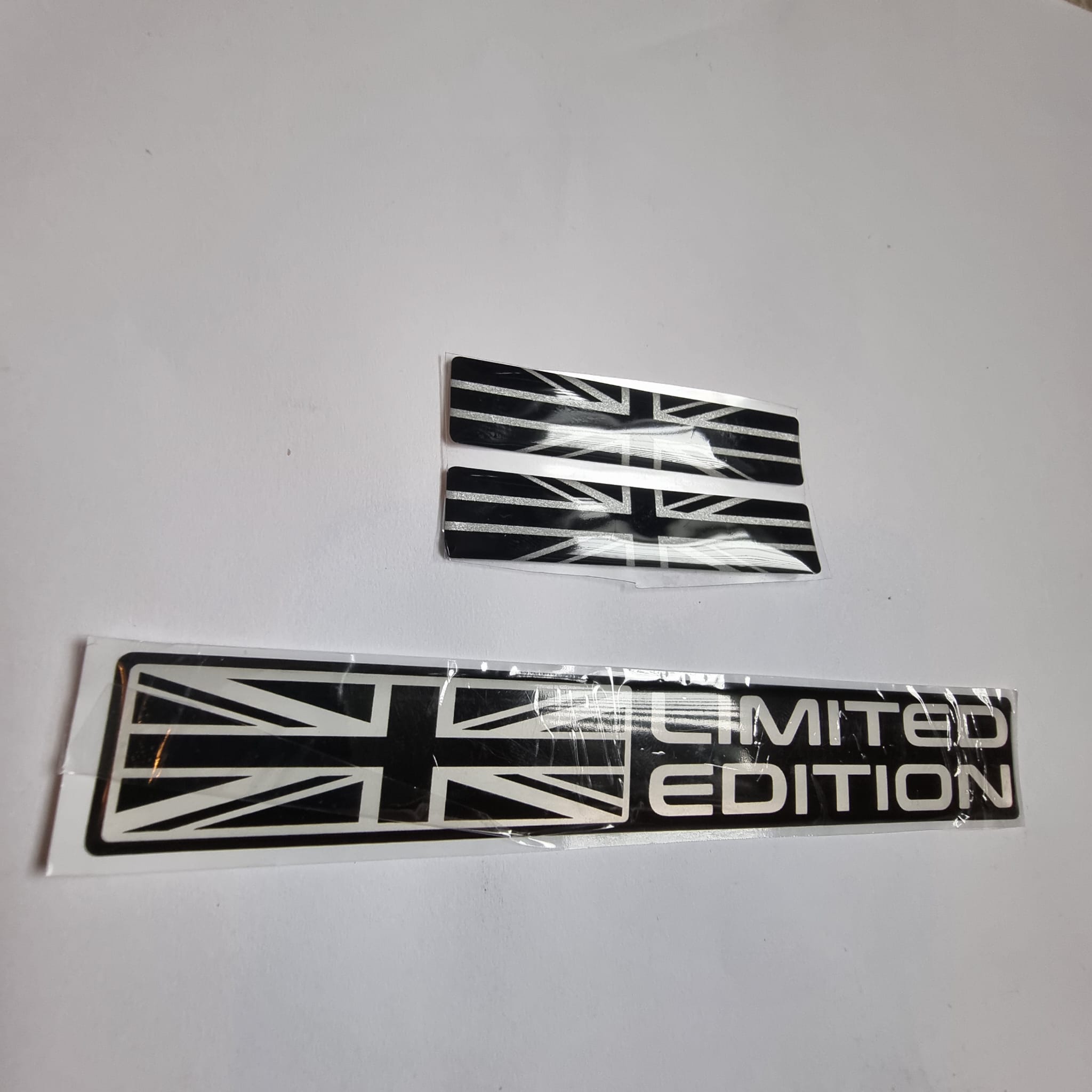 Union Jack and "Limited Edition" car decals, black and silver chrome stickers for vehicle styling.