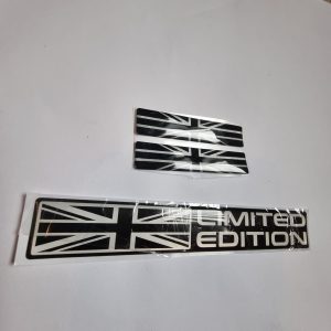 Union Jack and "Limited Edition" car decals, black and silver chrome stickers for vehicle styling.